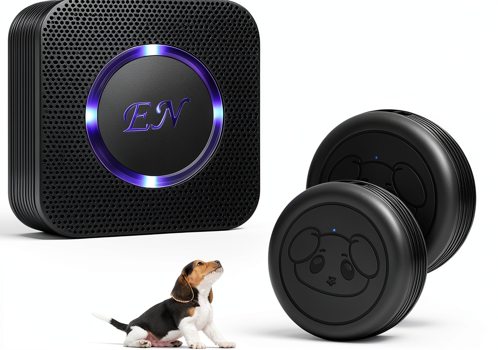Evernary dog doorbell transmitter and receiver set on a floor